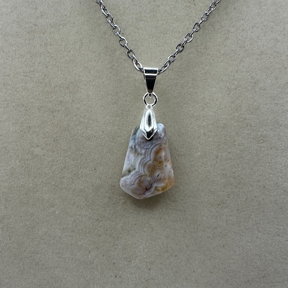 None Jewelry - Ocean Jasper Pendant Necklace on Silver Stainless Steel Chain